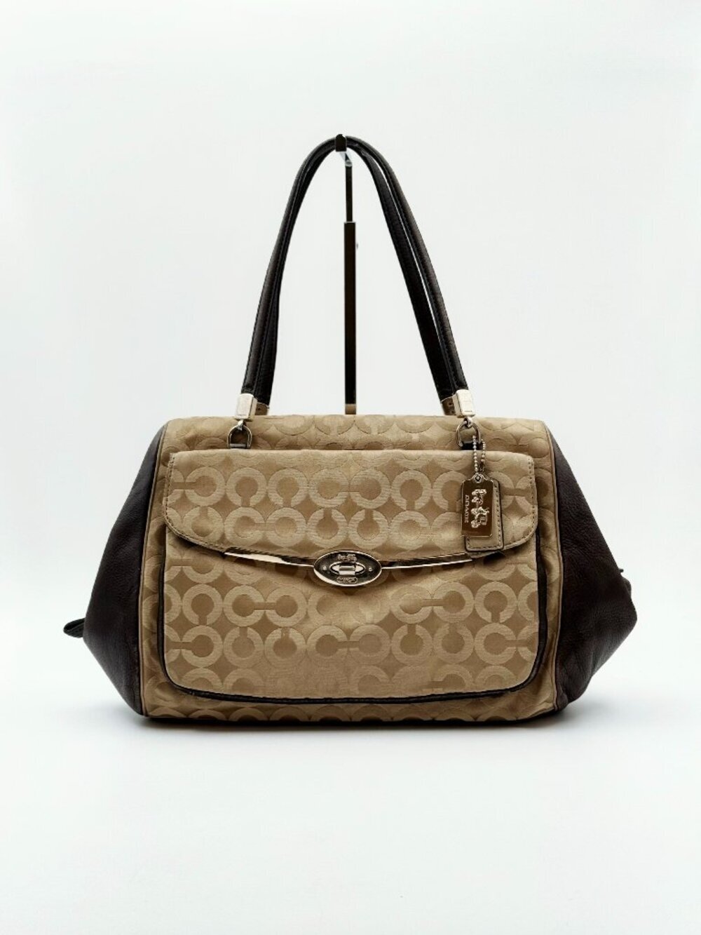 Coach Signature C Jacquard Leather Satchel Shoulder Bag Beige Brown Large Vintag